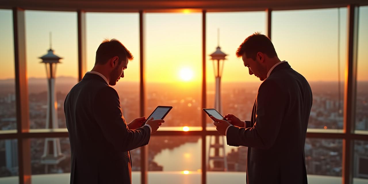 Professional automation consultants collaborating in a modern Seattle office overlooking the skyline